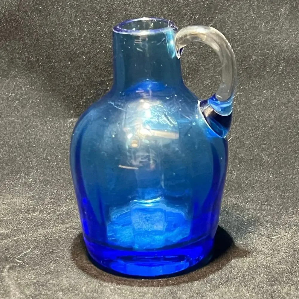 Vintage Cobalt Blue Jug with a Clear Handle, 4 in.